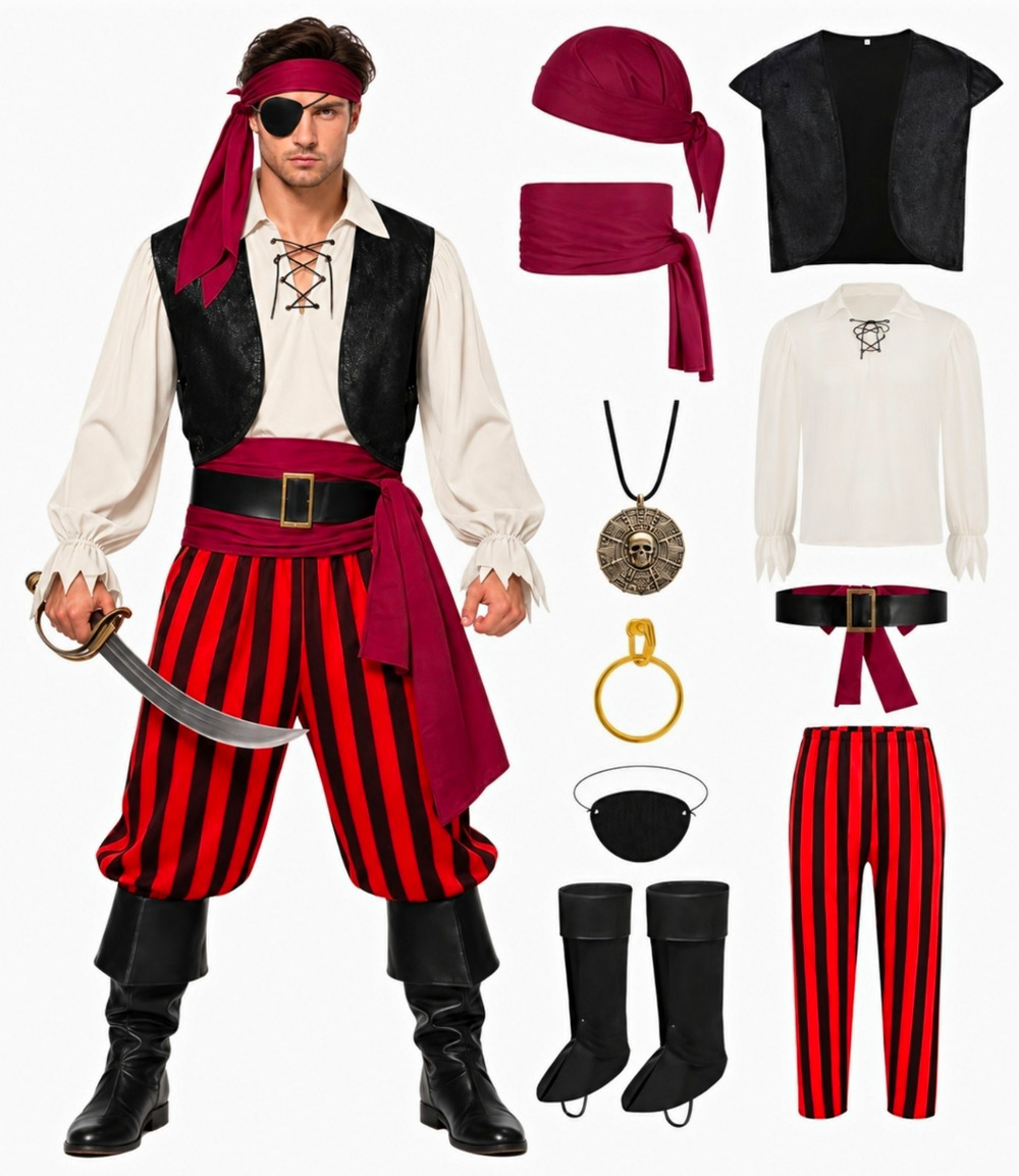Men's Pirate Costume Large 10 Piece Complete Halloween Cosplay Outfit L